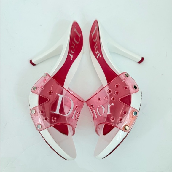 Christian Dior Vintage Pink PVC Logo High Heel Mules Sandals White Stiletto EU37 - Picture 3 of 7